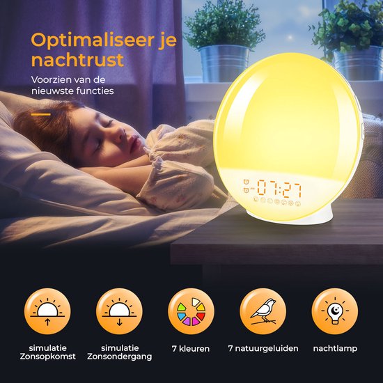 BrightLife Wake Up Light Wekker - Licht Wekker - Wekkerradio - 7 Kleuren - Slaaphulp — afbeelding 3