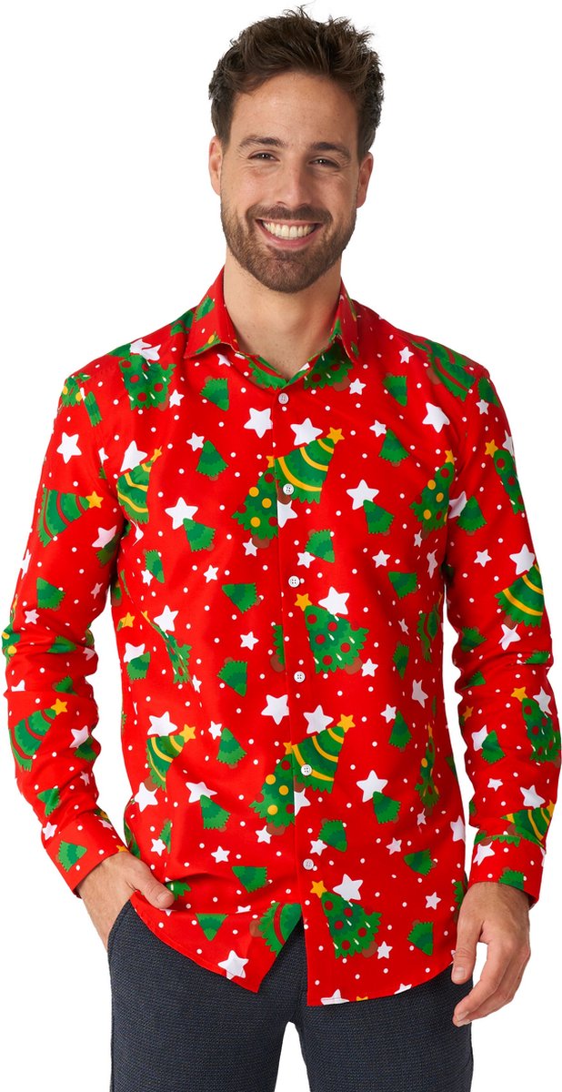 Suitmeister Christmas Trees Stars Red Shirt - Heren Overhemd - Kerstshirt - Rood - Maat S