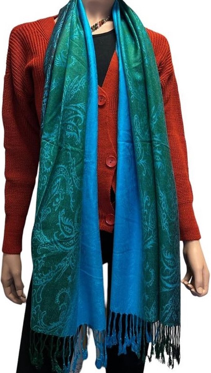 Sjaal- Pashmina Sjaal- Fijn geweven trendy Sjaal- Tweezijdige omslagdoek 212/8- Groen met Turquoise details