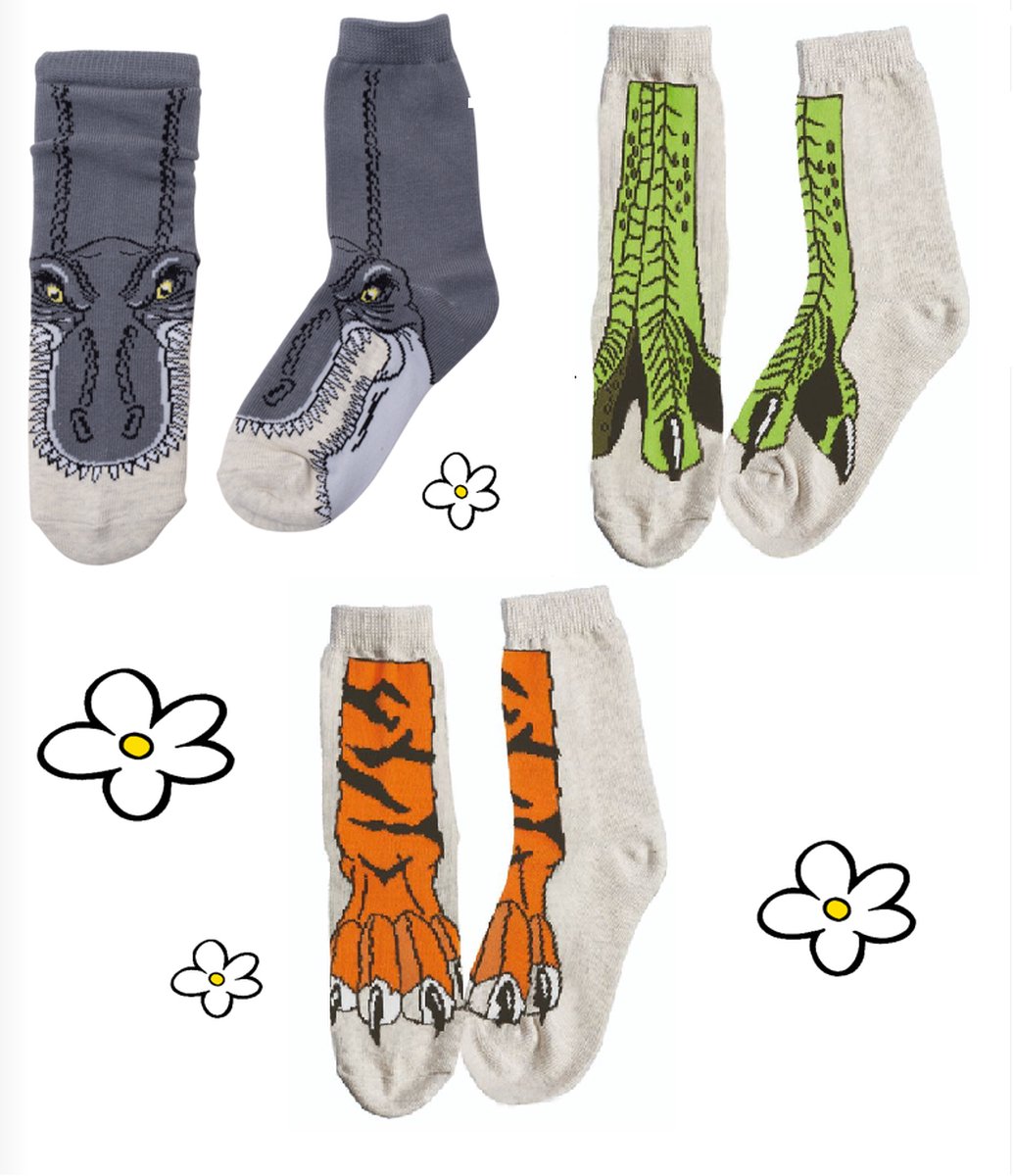 Nature Planet Set van 3 leuke kindersokken, t-rex grijs en groen, tijgerpoot (100% Oeko-tex gecertificeerd) maat 35-38
