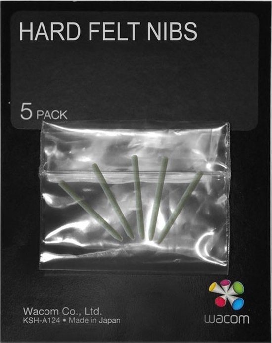 5 Wacom harde vilten pennen in een doorzichtige verpakking. "HARD FELT NIBS" en "5 PACK" zijn leesbaar.