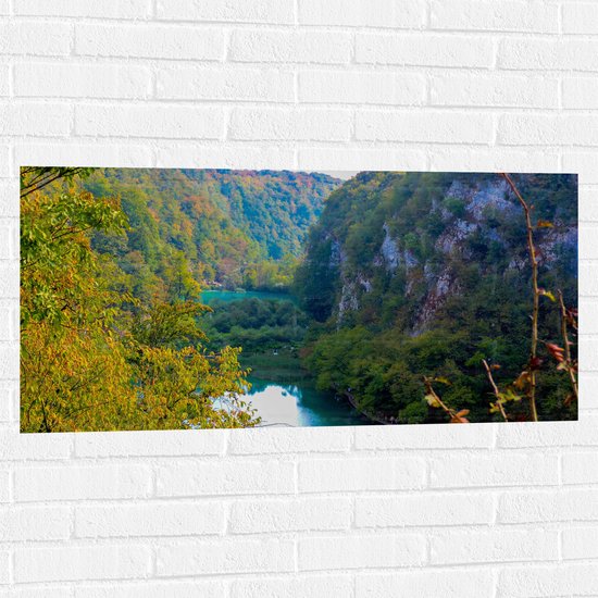 WallClassics - Muursticker - Rivier tussen Twee Groene Bergen - 100x50 cm Foto op Muursticker