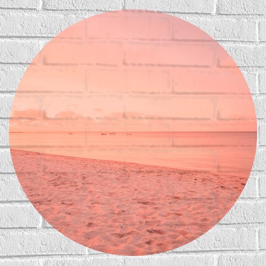 Foto: Muursticker cirkel strand met roze gloed 70x70 cm foto op muursticker