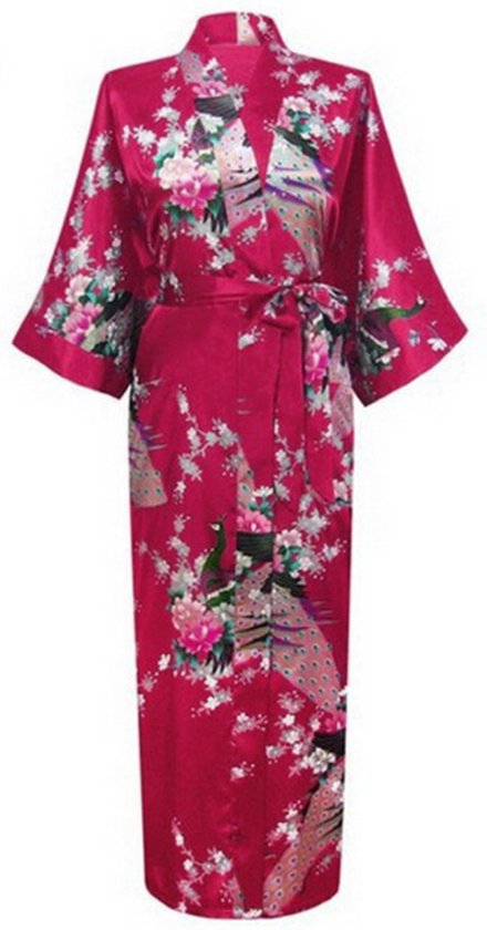 KIMU® Kimono Donkerrood 7/8e - Maat XS-S - Yukata Satijn Boven de Enkel - Lange Bordeauxrode Ochtendjas Japanse Kamerjas Sexy Satijnen Badjas Geisha Festival