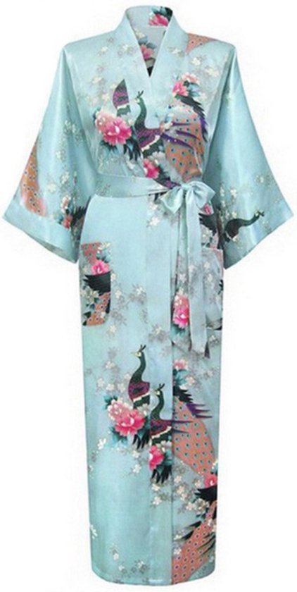 Foto: Kimu kimono lichtblauw maxi maat l xl yukata satijn lang lange lichtblauwe ochtendjas japanse kamerjas sexy satijnen badjas geisha pauw pyjama festival
