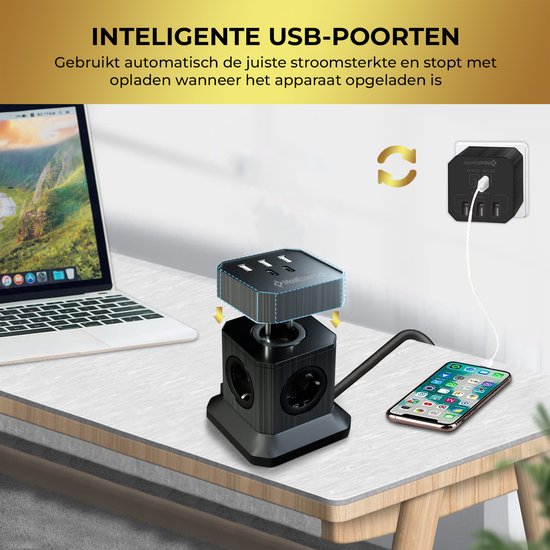 MostEssential Premium 10-Voudige PowerCube Stekkerdoos - Stekkerdoos met Schakelaar - Stekkerdoos met USB - Stekkerdoos met Overspanbeveiliging – Overspanningsbeveiliging - 5 Stopcontacten & 5 USB-Poorten - USB-C Snellader - Zwart - 2023 MODEL
