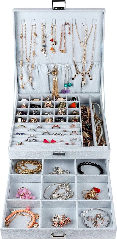 xtemtoamz Hangende Sieraden Organizer Sieradenhouder Organisator - Sieradenopslag Sieradenbewaarar Bewaarzak voor Ringhouder, Oorbel, Halsketting, Armband, met 24 haken, Grijs, 38 x 79 cm