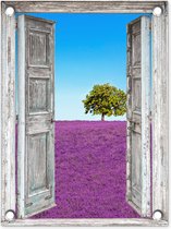 Tuinposter - Lavendel - Boom - Doorkijk - Tuinposter doorkijk - 30x40 cm - Schutting decoratie - Tuinschilderij - Tuindoek - Buitenposter