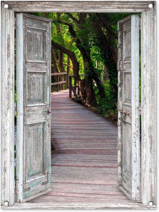 Tuinposter - Doorkijk - Brug - Bos - Hout - Raam - 60x80 cm - Tuindoek - Schuttingposter