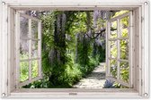 Tuinposter doorkijk - Wit raam - Tuindecoratie blauwe regen - 90x60 cm - Tuinschilderij voor buiten - Tuindoek - Wanddecoratie tuin - Schuttingdoek - Balkon decoratie groen - Muurdecoratie - Buitenschilderij
