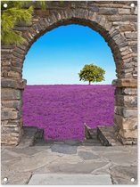 Tuinposter - Doorkijk - Lavendel - Bloemen - Boom - Paars - Tuin decoratie - 60x80 cm - Tuindoek - Tuindoeken voor buiten