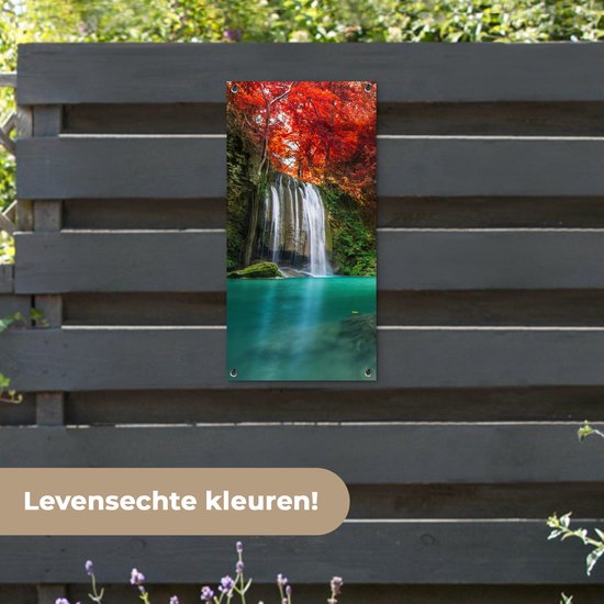 Poster de jardin Cascade - arbre - Rouge - Automne - Water - 40x80 cm - Décoration murale Outdoor - Poster de jardin - Toile de jardin - Poster de clôture - Tableau de jardin