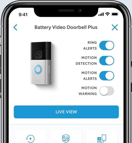 iPhone-scherm met Ring app-instellingen voor de Battery Video Doorbell Plus.