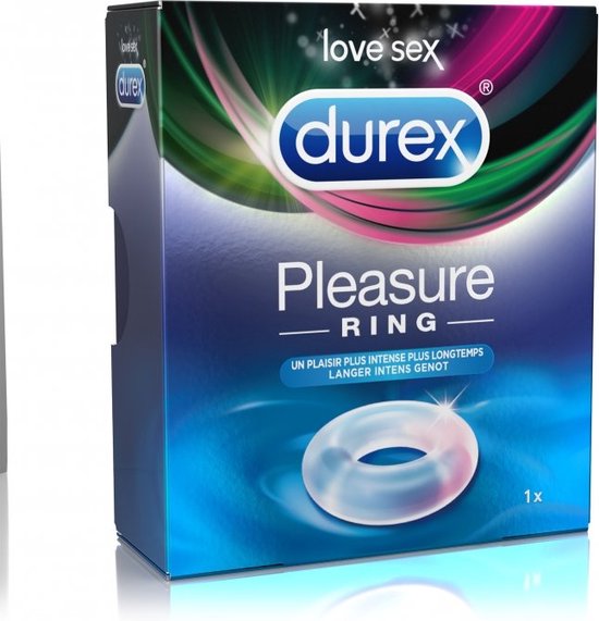 Durex Pleasure Ring verpakking met een blauwe en paarse gloed en productafbeelding.