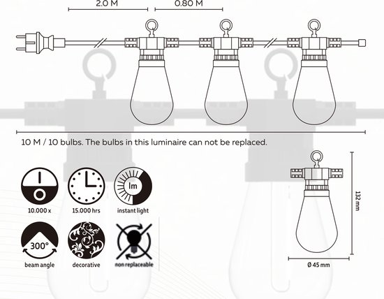 Calex Lichtsnoer 10m - Lichtslinger voor Buiten - Tuinverlichting - Warm Wit Licht
