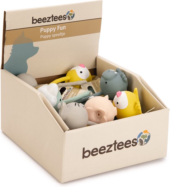 Beeztees puppy speeltjes display met latex dieren: zeehond, dolfijn, leeuw, walrus en varken.