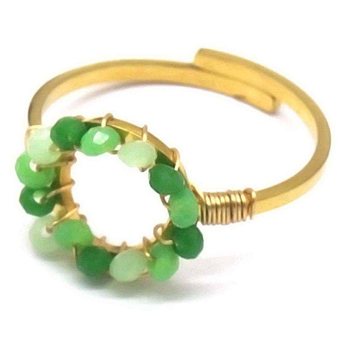 Ring met Glaskralen - RVS - One Size - Goudkleurig en Groen