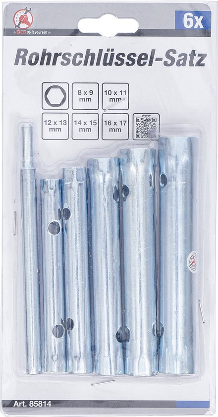 Verpakking met een set van 6 BGS pijpsleutels. De maten 8x9 mm tot 16x17 mm staan op de verpakking. De sleutels zijn van glanzend metaal.
