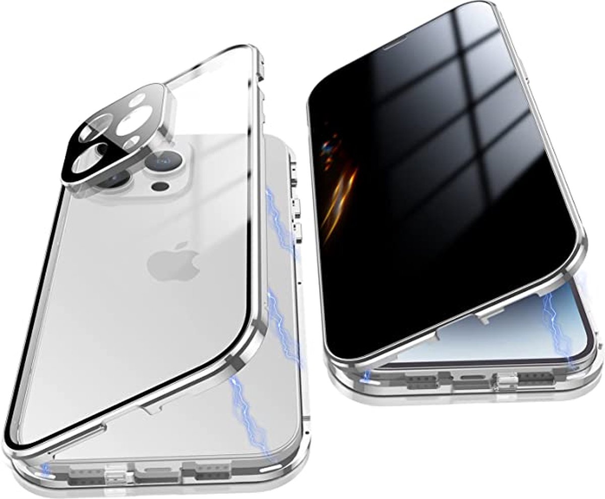 Fiquesa Autri® - Iphone 14 pro max hoesje - zilver - privacy scherm - Dubbelzijdig glas protector - metalen bumper