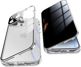 Fiquesa Autri® - Iphone 14 pro max hoesje - zilver - privacy scherm - Dubbelzijdig glas protector - metalen bumper