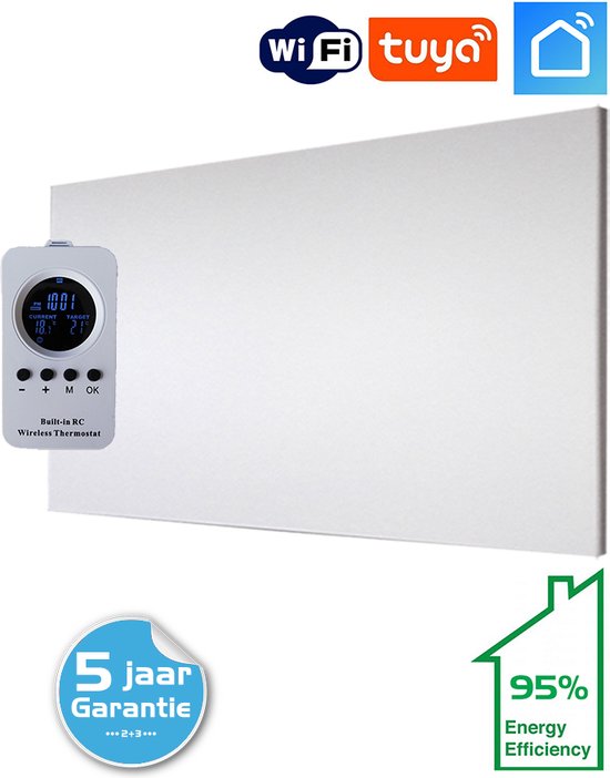 FlinQ Slimme Infrarood Verwarming Elektrische Verwarmingspaneel Moderne Kachel Geschikt Voor Badkamer Staand Verplaatsbaar Met Thermostaat Wit Paneel 450 W 876624237