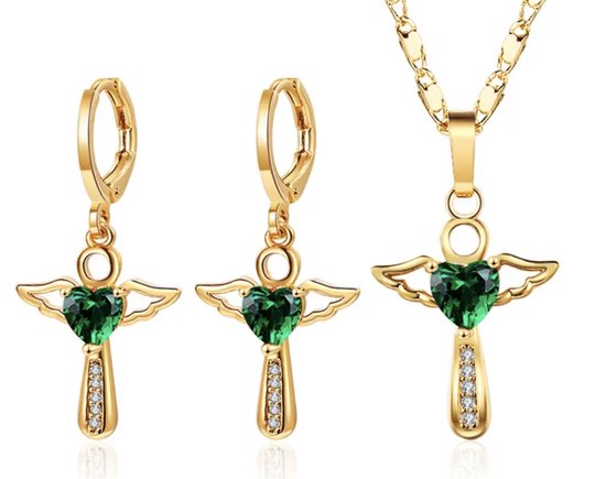 Kruis ketting - kruisje oorbellen - engel - groen & goudkleurig - sieraden set - cadeau voor vrouw - Liefs Jade