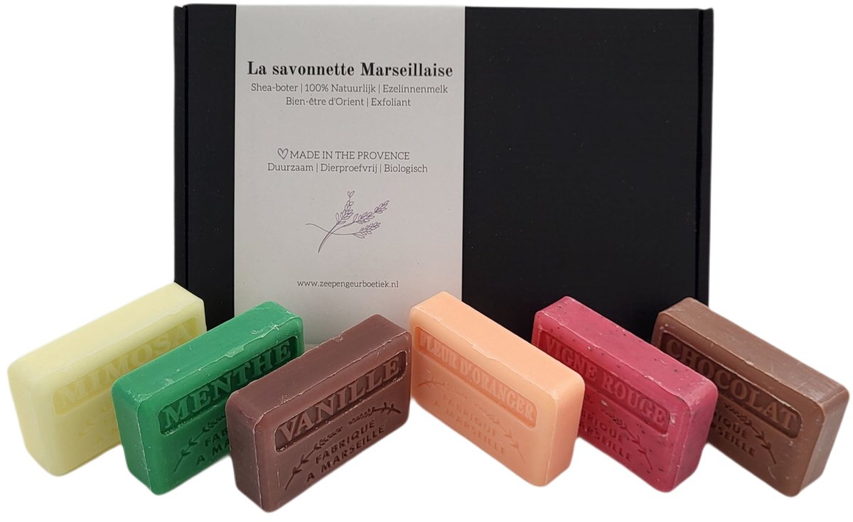 Goedkoopste 6x Savon de Marseille geschenk zeep set, Chocolade, Vanille, Menthe, Vigne Rouge, Sinaasappelbloesem, Mimosa 6x125 gr. brievenbus cadeau