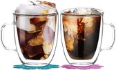 Waterglazen, dubbelwandige geïsoleerde drinkglazen met handvat, set van 2 mokken (400ml glazen bekers)