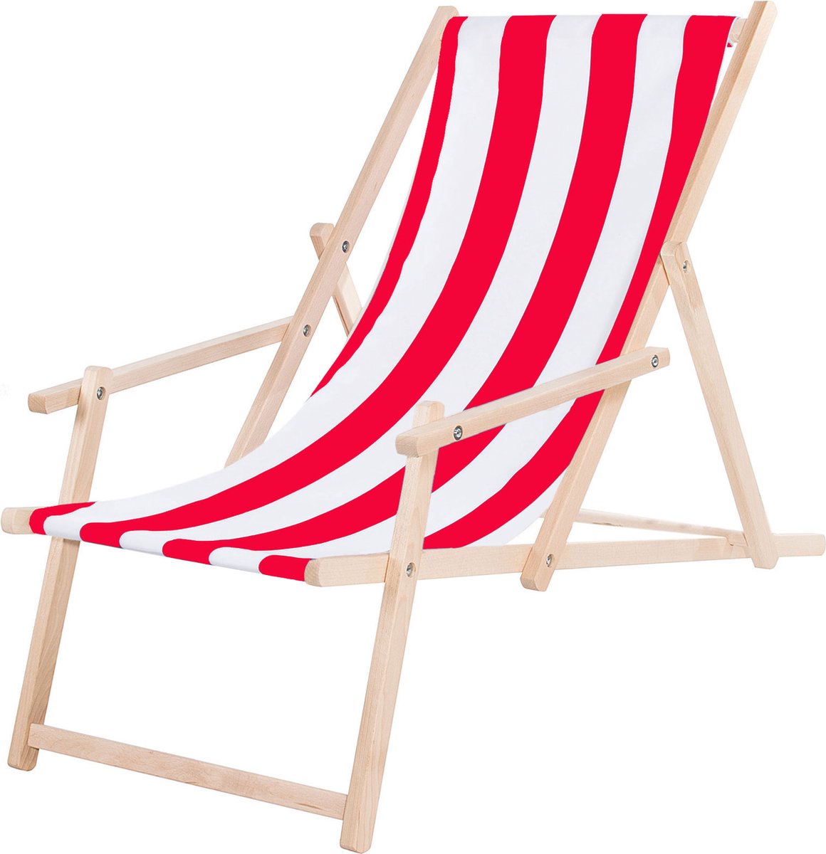 Springos - Ligbed - Strandstoel - Ligstoel - Verstelbaar - Arm Leuning - Beukenhout - Handgemaakt - Rood Wit