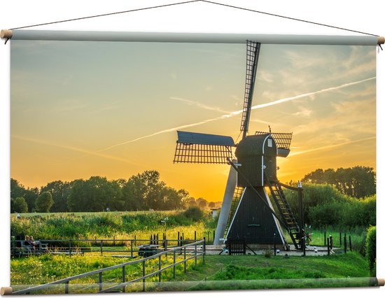Textielposter - Windmolen in Weide met Zonsondergang - 120x80 cm Foto op Textiel