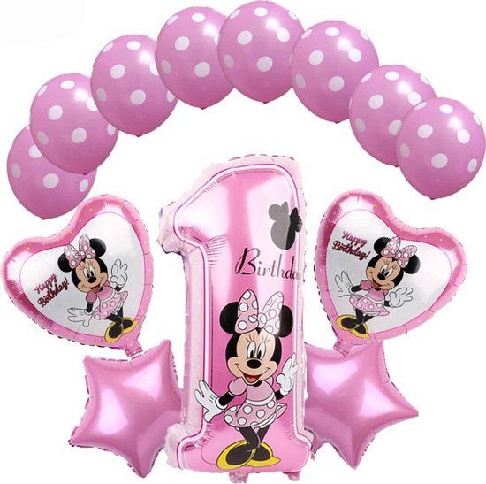Minnie Mouse Verjaardag Versiering - 13 delig - Leeftijd: 1 jaar - Minnie Mouse Ballonnen - Minnie Mouse Kinderfeestje - Minnie Mouse Feestpakket - Folieballon / Leeftijdballon - Feestversiering - Kinderverjaardag Meisje / Jongen - Hoera 1 jaar