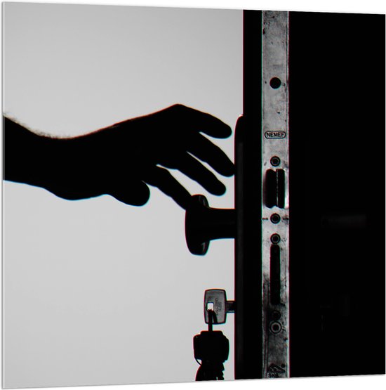 Acrylglas - Voordeur met Sleutels in het Slot (Zwart - wit) - 100x100 cm Foto op Acrylglas (Wanddecoratie op Acrylaat)