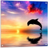 WallClassics - Tuinposter – Zonsondergang bij Silhouet van Dolfijn boven Water in Kleurrijke Omgeving - 80x80 cm Foto op Tuinposter (wanddecoratie voor buiten en binnen)