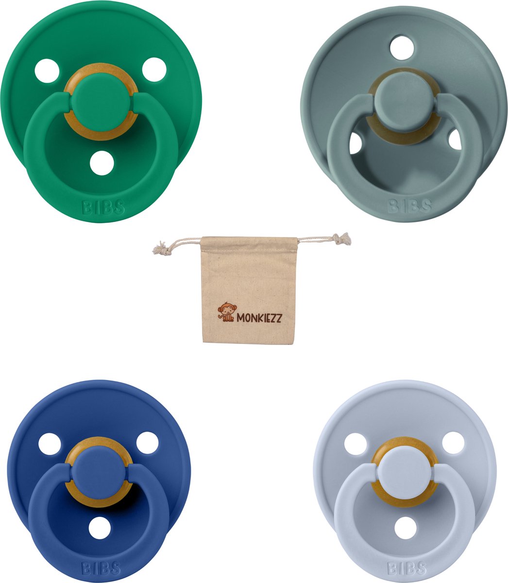 Goedkoopste Bibs fopspeen 0-6 maanden|Set 4 stuks|Evergreen, Island sea, Cornflower en Dusty Blue Monkiezz speenzakje|Maat 1