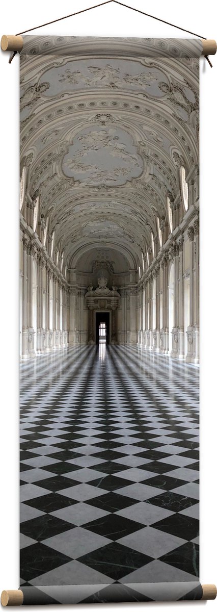 Textielposter - Zwart met Witte Tegelvloer in Kasteel met Versierd Plafond - 30x90 cm Foto