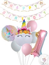 Eenhoorn Unicorn Sweet Color Feestpakket inclusief DIY Happy Birthday Slinger - Snoes - Cijfer Ballon 1 Jaar - Roze - Wit - Pastel