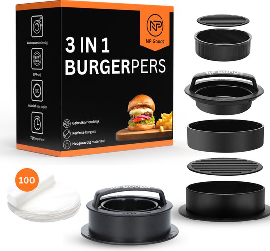 NP Goods - Hamburgerpers 3 in 1 inclusief 100 vellen wax papier - Burger Press - BBQ Accesoires - Hamburgermaker - Kookgerei