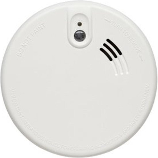 Witte optische rookmelder met 'Do not paint' tekst en ventilatiesleuven.