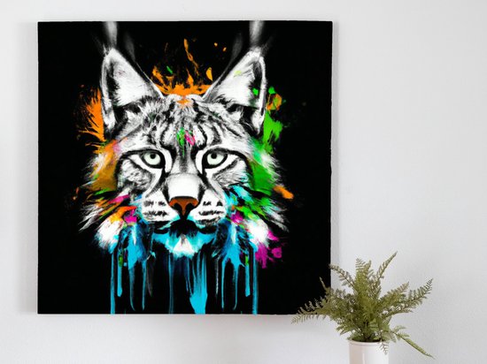 Fiery Rainbow Lynx kunst - 80x80 centimeter op Canvas | Foto op Canvas - wanddecoratie