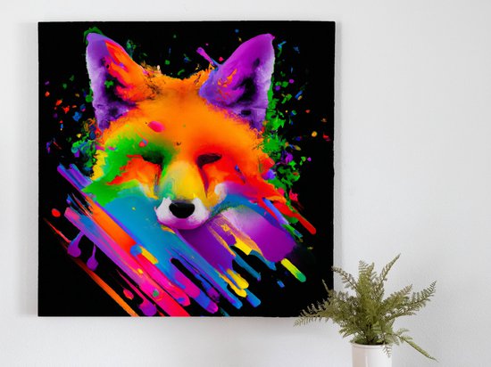 Rainbow Fox Burst kunst - 100x100 centimeter op Canvas | Foto op Canvas - wanddecoratie