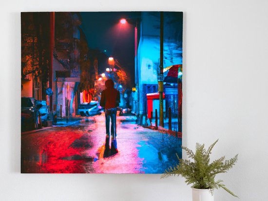 Night Stalker: A Solitary Figure in the Urban Jungle kunst - 40x40 centimeter op Canvas | Foto op Canvas - wanddecoratie