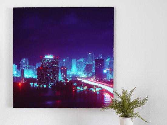 Bridge to the Future: A City's Skyline at Night kunst - 60x60 centimeter op Canvas | Foto op Canvas - wanddecoratie