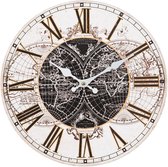 HAES DECO - Horloge Murale 34 cm Vintage Marron Wit avec Wereldkaart - Cadran Chiffres Romains - Klok Ronde en MDF - Wereldkaart - Horloge Murale Horloge à Suspendre Horloge de Cuisine
