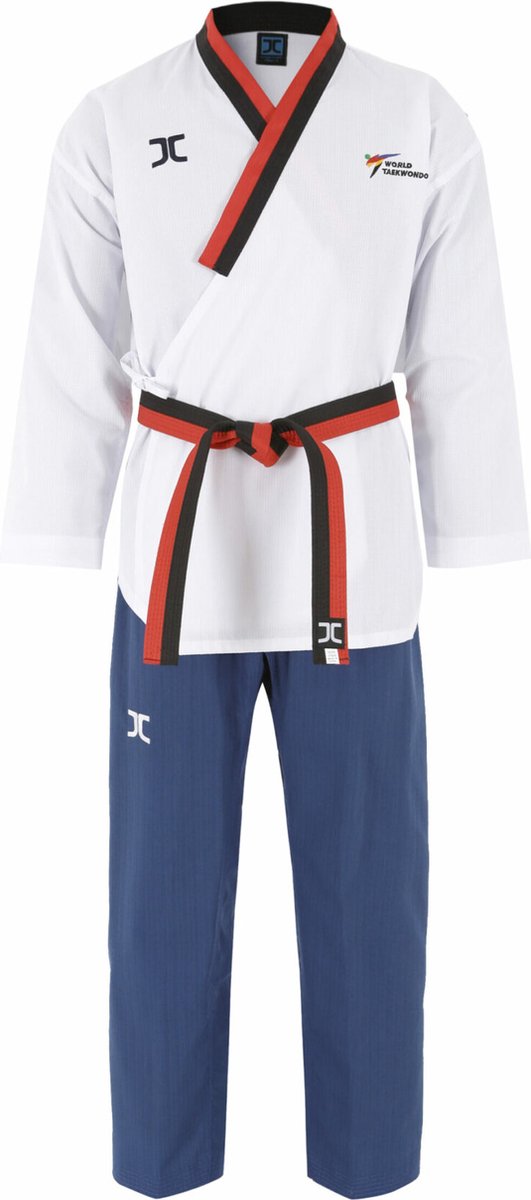 JCalicu poomsae taekwondopak poom mannen | WT | wit-blauw (Maat: 140)