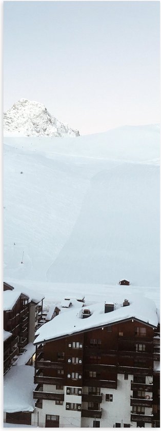 Poster Glanzend – Houten Huisjes op Piste met Sneeuw - 20x60 cm Foto op Posterpapier met Glanzende Afwerking