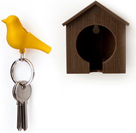 Vogelhuisje sleutelhanger - Bruin huisje met gele vogel | bol.com