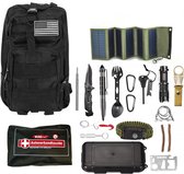 Survalval kit in militaire rugzak 38L zwat met EHBO-set en draagbaar zonnepaneel