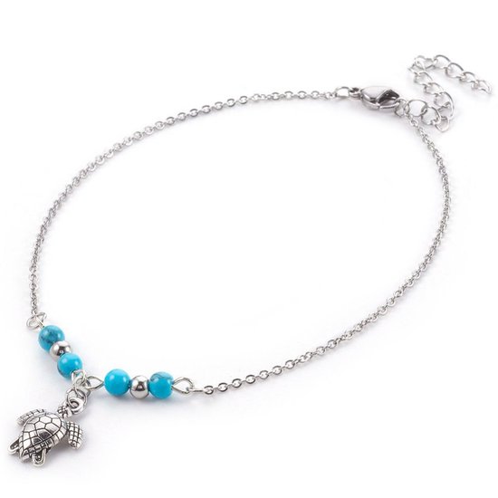 Bracelet de cheville argenté avec perles bleues et pendentif tortue