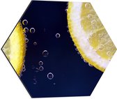 Dibond Hexagon - Schijfjes Citroenen drijvend in Water - 50x43.5 cm Foto op Hexagon (Met Ophangsysteem)