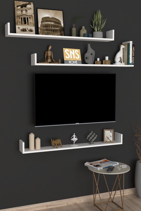 Cadre photo et bibliothèque, ensemble d'étagères murales composé de 3 Planches flottantes, étagère TV, étagère volante, bibliothèque, 120 x 15 x 12 cm, étagère moderne pour objets, 3 pièces, Wit